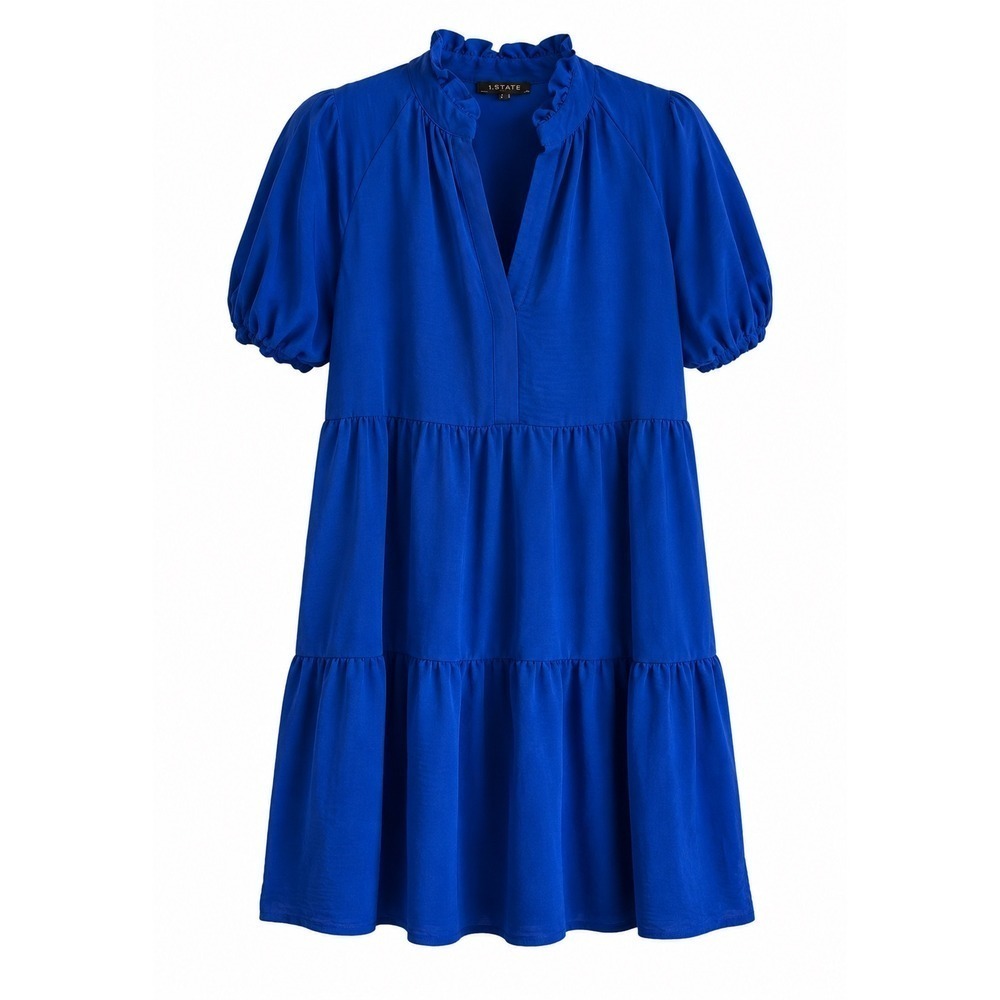 1.STATE Royal Blue Tiered Dress Small Puff Sleeve Ruffle Neck Boho Flowy